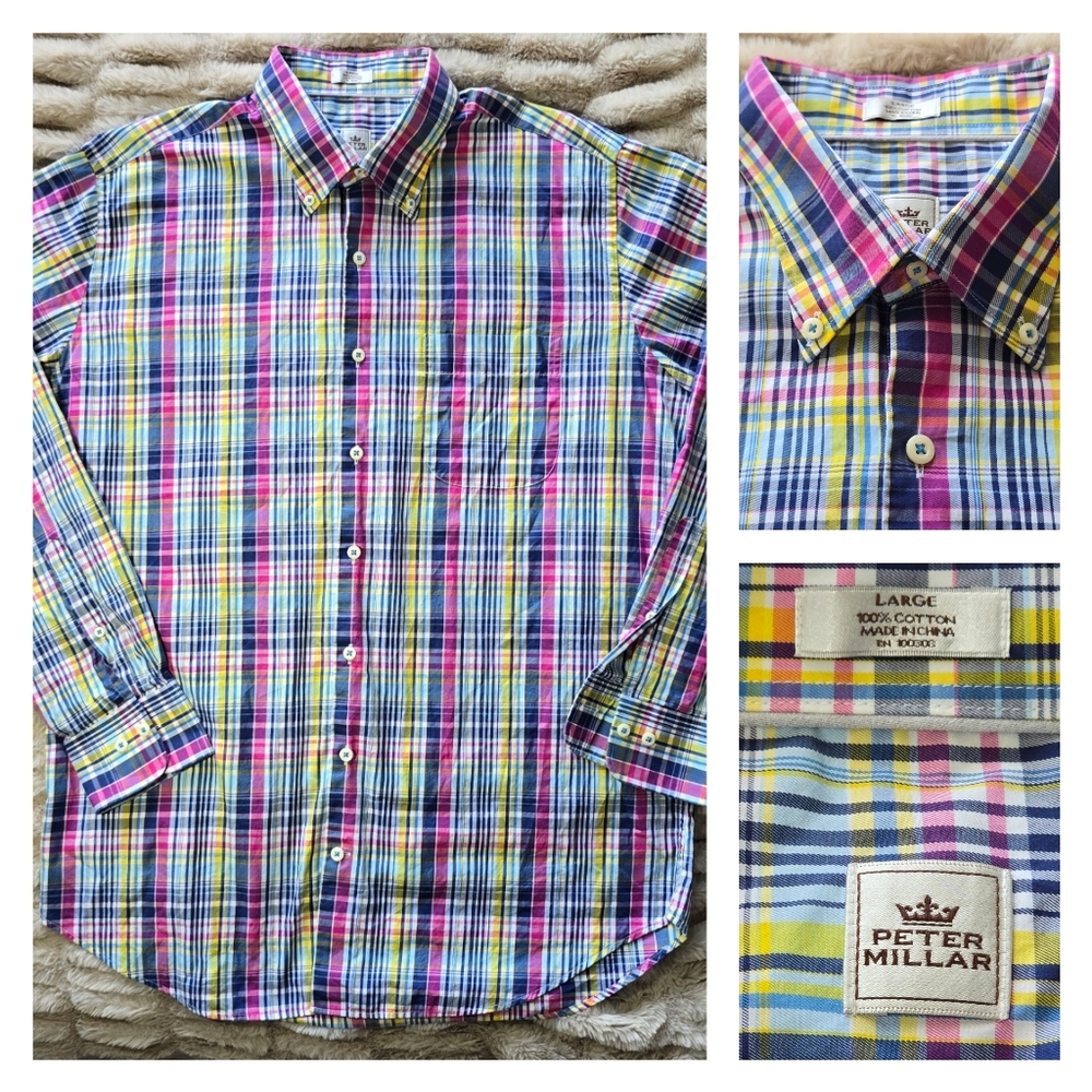 Peter Millar Pocket Shirt Men’s Large Multi Madras Plaid Long Sleeve Button Down